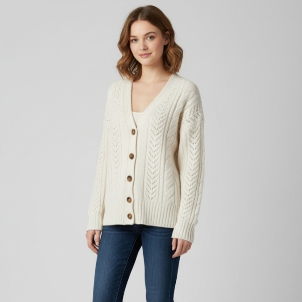 Anthropologie Cream Cable Cardigan Size Small
